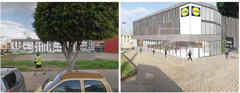 Terrenos donde se alzará el nuevo supermercado de Lidl y maqueta del inmueble comercial/TA.